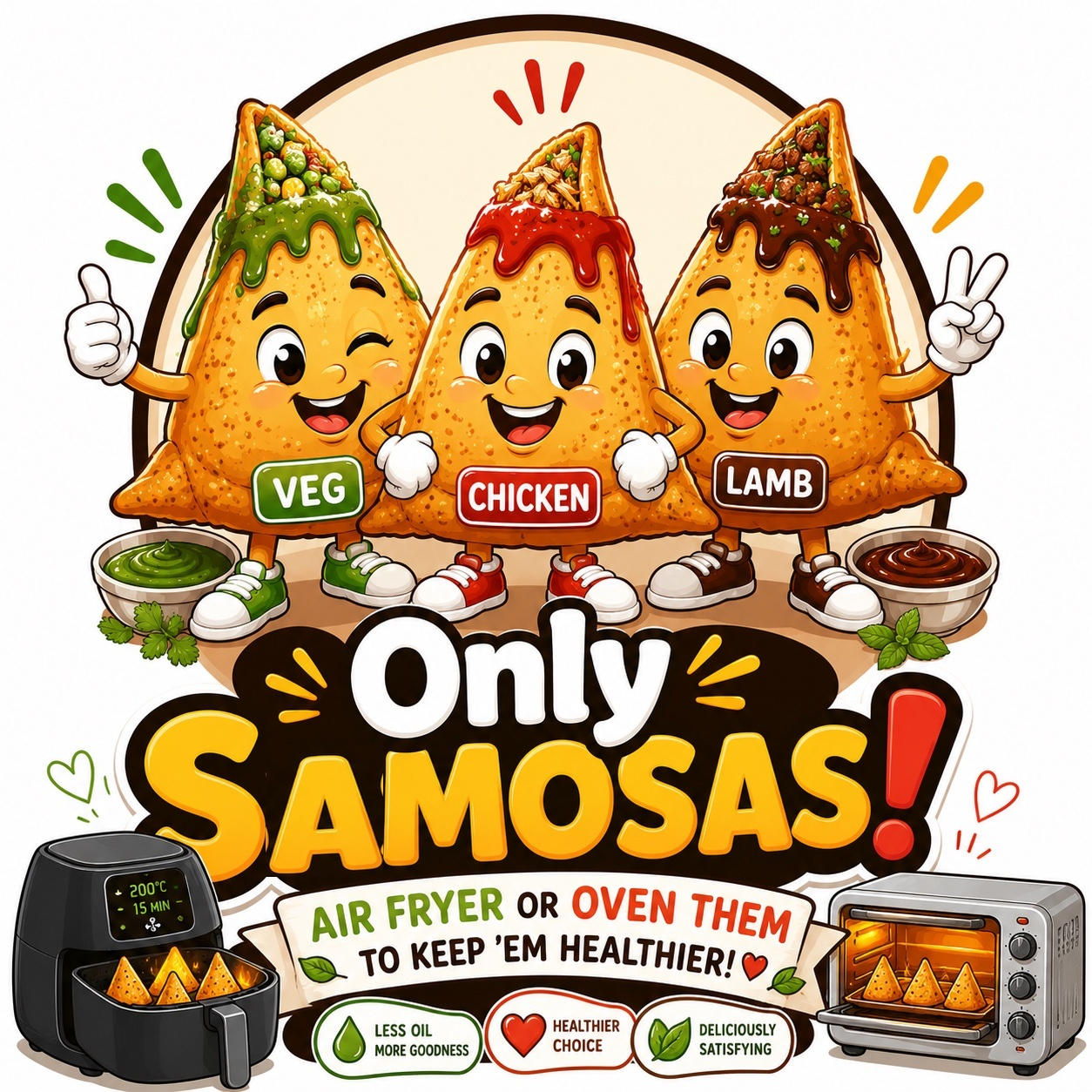 Only Samosas Veg, Chicken and Lamb cartoon mascots with air fryer and oven