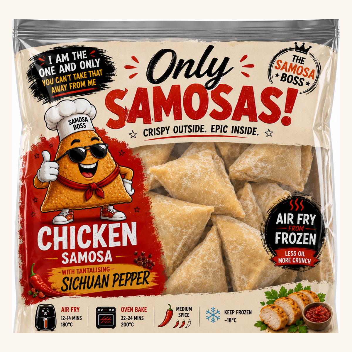 Only Samosas Chicken Sichuan Pepper frozen samosa pouch