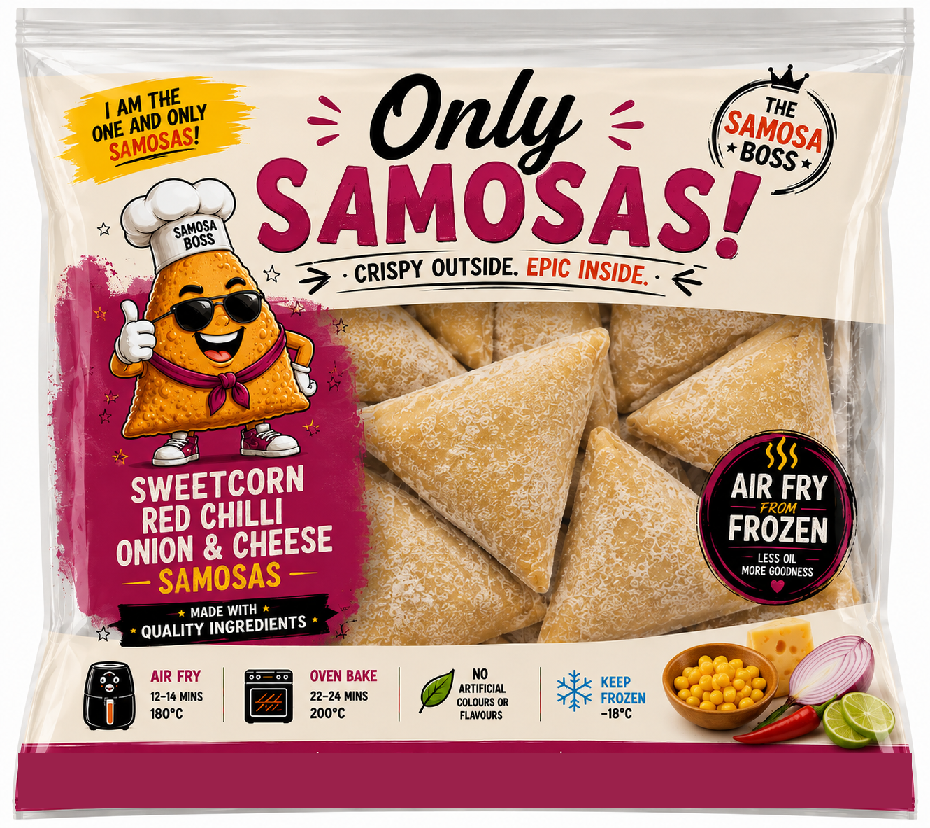 Only Samosas Sweetcorn, Red Chilli & Lime frozen samosa pouch